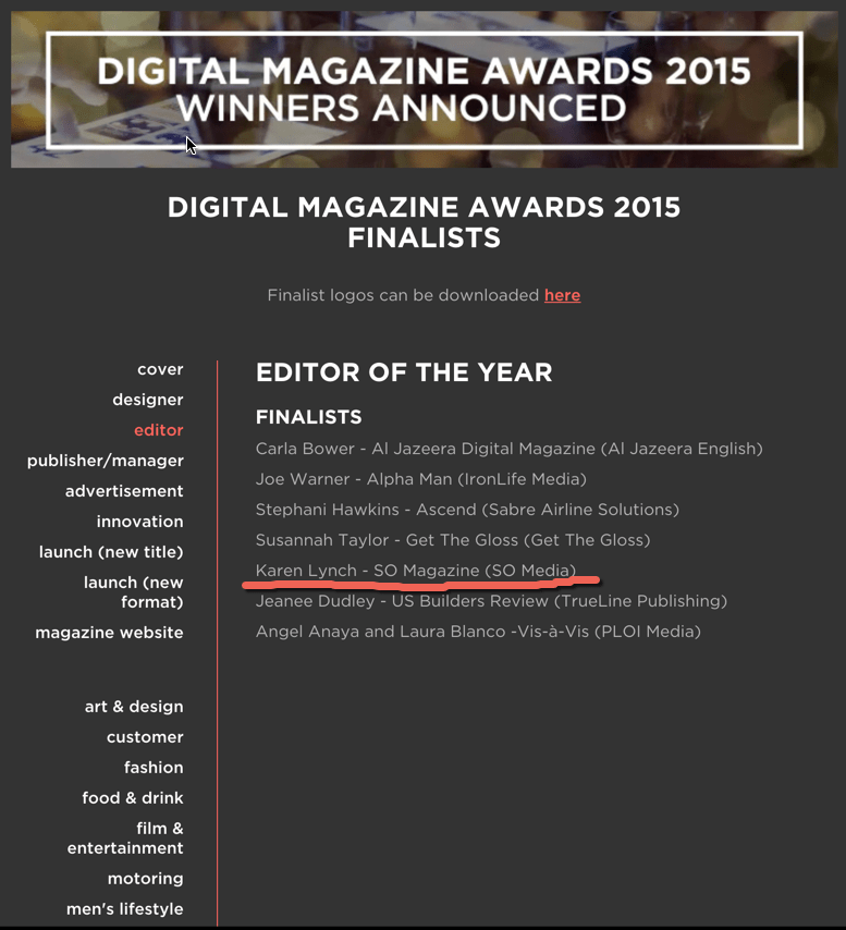 SO Magazine was one of the Digital magazine awards 2015 finalists